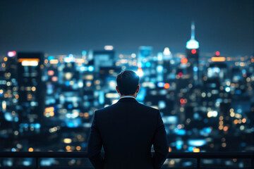 Fototapeta premium Businessman in suit overlooking vibrant city skyline at night, digital art style, with blurred lights in background, concept of ambition and business success. Ai generative