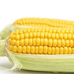Fresh corn on the cob, yellow kernels, green husk.