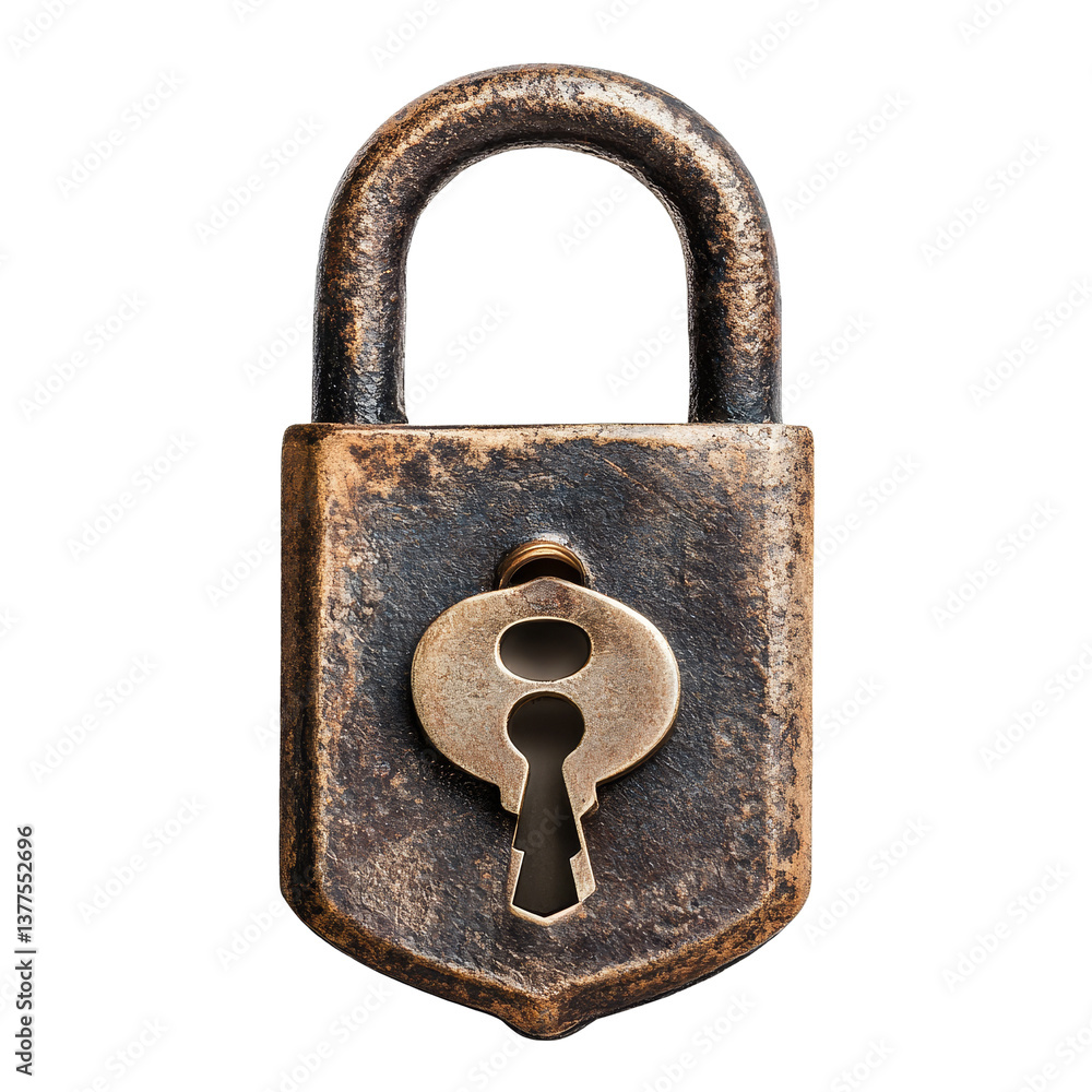 Poster a vintage padlock with a keyhole and key, isolated on a clean transparent background for securitythe