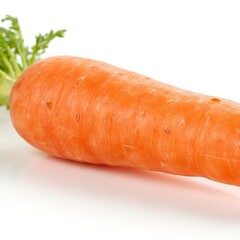 Fresh carrots, orange roots, green leaves.