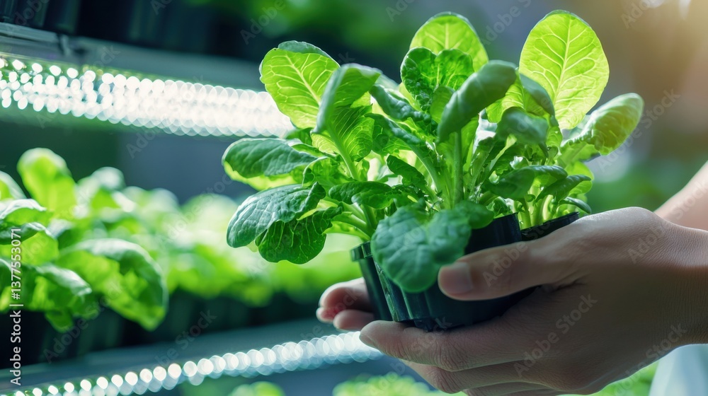 Poster a modern hydroponic vertical farm with an advanced, ai-controlled lighting system to optimize crop g