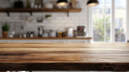 Empty wooden table in a bright kitchen, out of focus