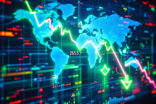 Digital world map with glowing stock decline arrows and financial data on futuristic background, concept of business crisis and market crash, Ai generative