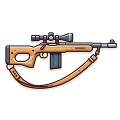 Naklejka premium Vector illustration of hunting rifle with scope and ammunition strap in brown. Perfect for hunting articles, weapon graphics and military-themed designs.