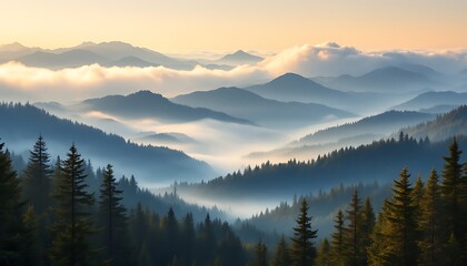 Obraz premium Misty Mountain Forest Landscape at Sunrise with Layered Peaks and Trees
