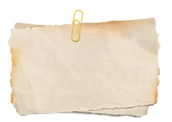 Old Paper Clip Isolated. Blank old yellowed paper mockup for vintage. Vintage paper notes