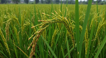 Fototapeta premium Green Rice Paddy Field Close Up Soft Light. AI Generated