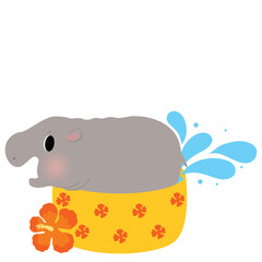 Hippopotamus, Songkran, Water Festival, Thailand, Cute, Cartoon, Bucket, Flower, Celebration, Holiday, Fun, Vector, Graphic, Illustration, Design, Asian, Traditional, Culture, Playful, Happy
