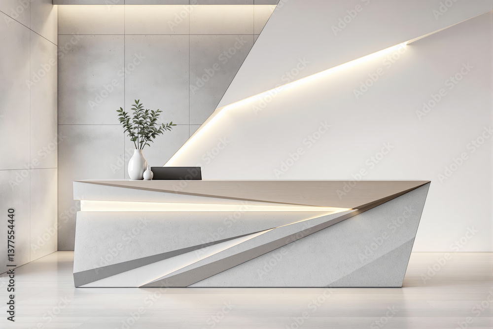 Poster futuristic reception desk in minimal business lobby with geometric shapes, soft lighting on light ba