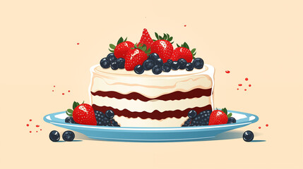 Cake with strawberries and blueberries on a plate.
