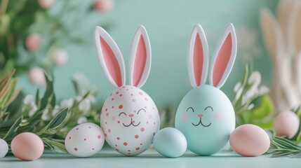 Cute Cartoon Bunny and Easter Eggs on Pastel Background