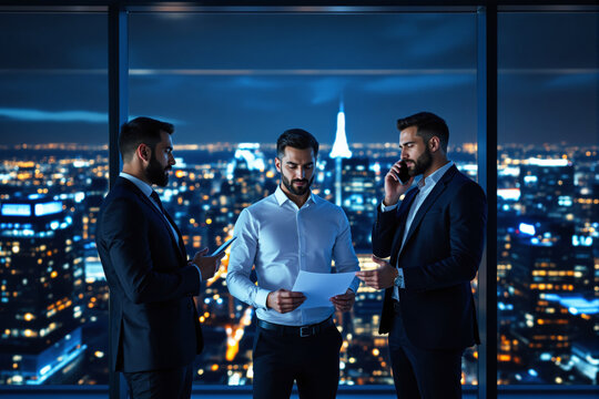 Three businessmen in formal attire standing in office at night, city skyline background with lights, discussing business strategy, Ai generative