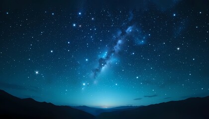 Fototapeta premium Beautiful star-filled night sky showcasing the Milky Way spanning across the horizon above silhouetted mountains, evoking tranquility and the wonders of the celestial cosmos.