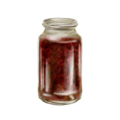 Tall green glass jar with cherry jam without lid watercolor isolated illustration. Transparent bottle effect with juicy berries visible. For jam brands and kitchen graphics