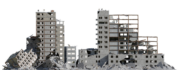 Building destroyed by the war, Ruined City after earthquake with isolated on transparent background. png file, 3d rendering illustration, clip art and cut out