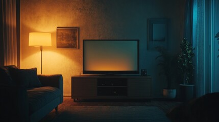 tv in a dark creepy living room, movie night 