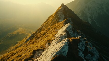 Mountain peak at sunrise.  Golden light bathes the rugged mountain ridge, contrasting with patches of white rock.  Misty valleys stretch out below