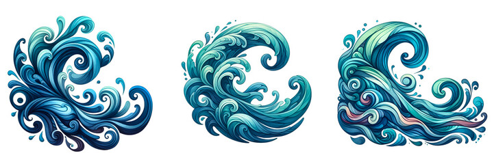 Collection of stylized, abstract water waves of the ocean. Watercolor clipart illustration isolated on a white background