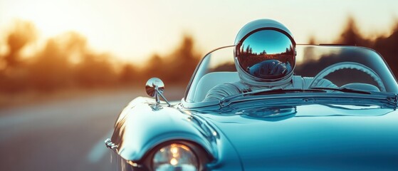 Astronaut in spacesuit driving vintage convertible car at sunset, exploring new worlds with retro futuristic transportation concept