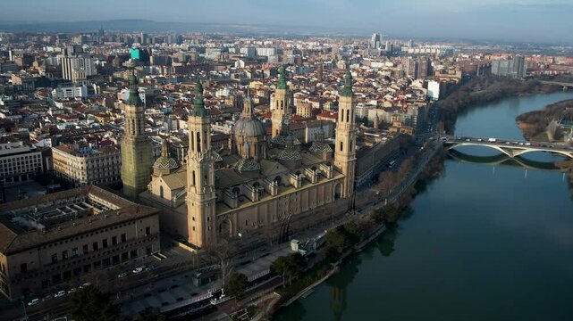 Zaragoza Cathedral of Pilar aerial view over the river and the city. High quality 4k footage
