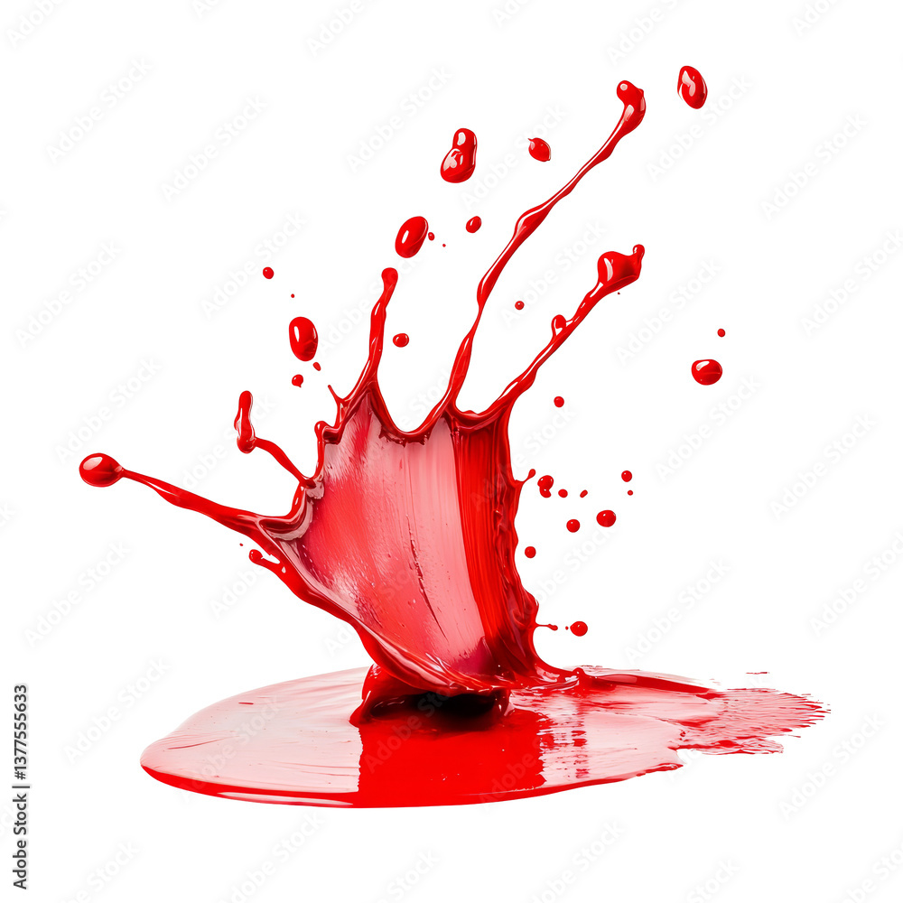 Poster vibrant red paint splash creating dynamic patterns against a clean transparent background in a creat