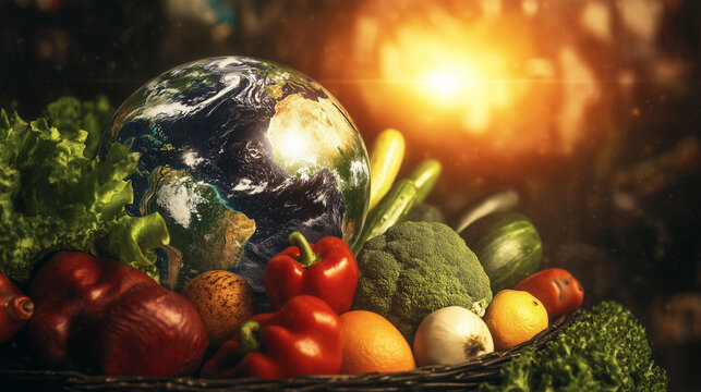 vegetables form a ring around a glowing globe, with the vivid colors