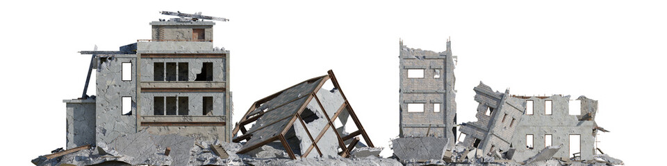 Building destroyed by the war, Ruined City after earthquake with isolated on transparent background. png file, 3d rendering illustration, clip art and cut out