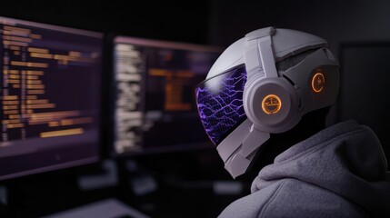 A humanoid robot with glowing blue interfaces stands in front of computer screens, embodying AI and futuristic technology.