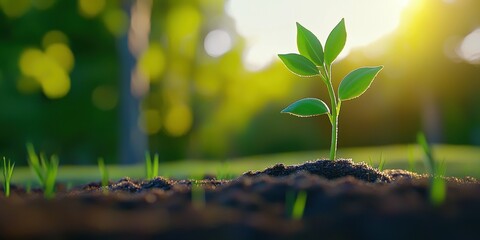 A young plant emerges from dark soil, illuminated by soft sunlight, surrounded by grassy sprouts, symbolizing growth and renewal in nature, Corporate Social Responsibility, CSR.
