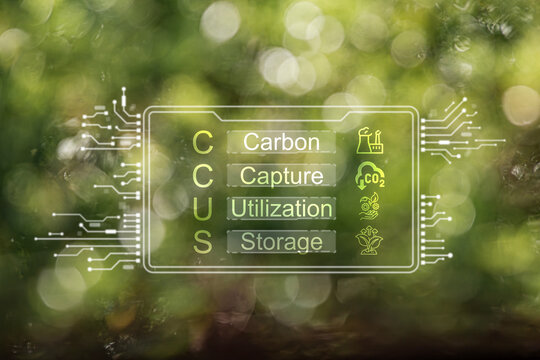 Carbon Capture, Utilization and Storage (CCUS) concept. Words CCUS on nature background Technology of CO2 capturing and store. Net zero target, limit global warming.
