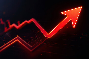 Glowing red arrow showing increasing trend, digital futuristic style, dark gradient background, concept of business growth and success. Ai generative