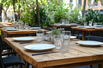 Outdoor cafe dining tables with set tableware