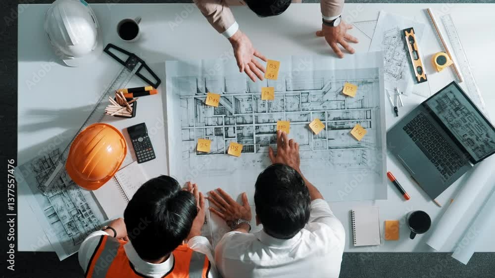 Poster top down aerial view of smart architect engineer team pointing and discussing about building constru
