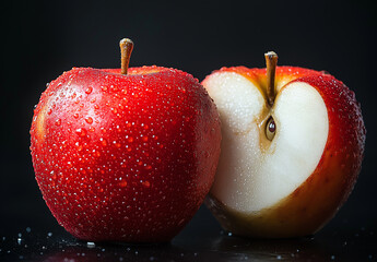 Minimalist Split Apple with Red and White Skin on a Reflective Surface – High-Resolution Photography Capturing Texture, Contrast, and Abstract Aesthetic Against a Black Background