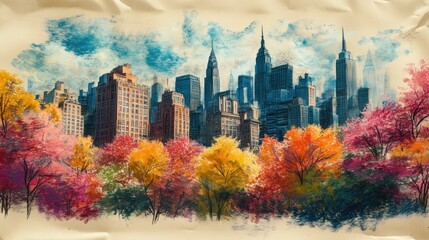 Autumnal Central Park NYC Skyline, Pastel Art, Fall