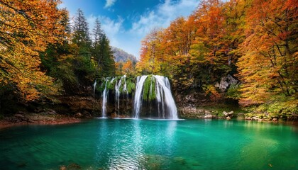 Stunning waterfall in the woods cascading into a glowing emerald lake embraced by lush trees