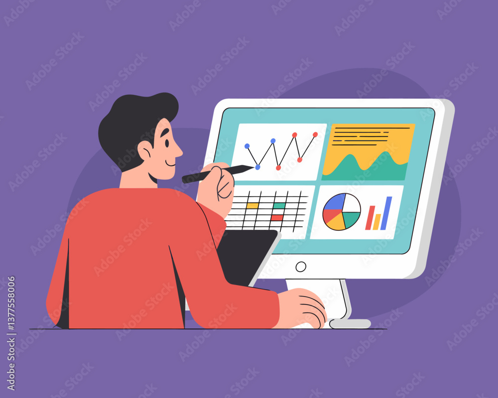 Poster man analyzing charts and data on computer screen. business analysis, strategy development and digita