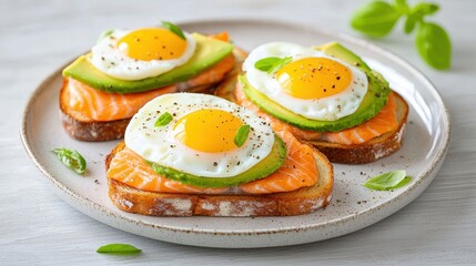 A vibrant plate of toasted bread topped with smoked salmon, avocado, and fried eggs, garnished with fresh basil and pepper.
