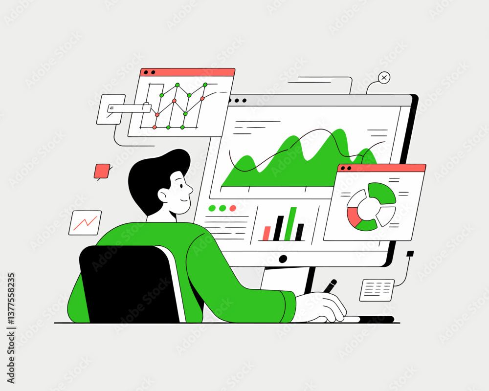 Aufkleber data analysis: man reviewing charts and graphs on computer screen for business strategy and market i