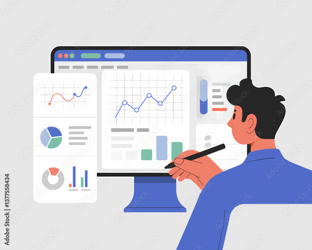 Poster data analysis on digital dashboard: man using tablet to review charts and graphs on a screen for str