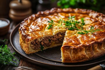 A partially sliced meat pie with a golden-brown, flaky crust sits on a dark brown plate. A sprig of fresh herbs rests atop the pie. The background is blurred, showing a dark wooden table