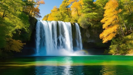 Majestic waterfall cascading into glowing emerald lake surrounded by lush green trees and leaves