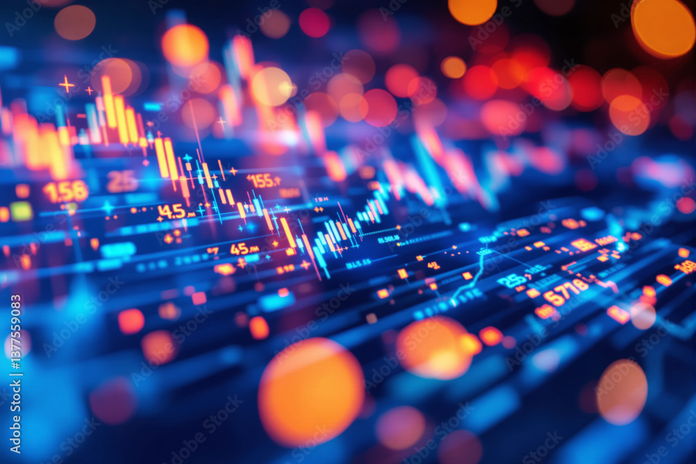 Poster colorful digital chart with glowing stock data bars and lines, futuristic abstract style on a dark b