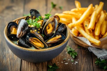 A dark gray bowl of mussels in a creamy sauce, garnished with parsley, sits beside a bowl of golden french fries on a dark wooden table. Salt and additional parsley are scattered nearby