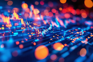 Colorful digital chart with glowing stock data bars and lines, futuristic abstract style on a dark blue background, concept of finance and business. Ai generative