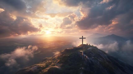 Holy cross with divine light above mountain peak symbolizing faith image