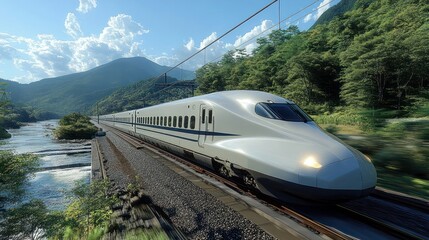 Naklejka premium Bullet train speeds through mountain valley