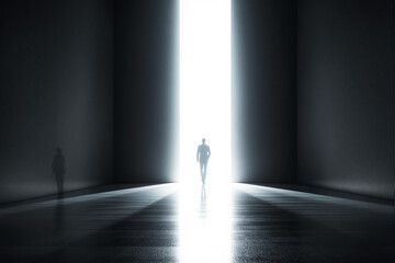 Obraz premium Silhouette of a business figure walking into a bright doorway, minimal graphic style, dark interior background, concept of opportunity and ambition, Ai generative