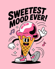 Retro Ice Cream Cartoon Character: Sweetest Mood Ever Illustration for T-shirts and Summer Designs