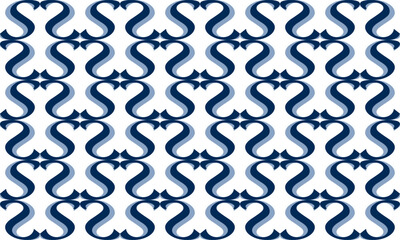 blue drawing louis block S curve as repeat pattern on white background, vector, replete pattern image designed for fabric printing grid block